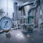 Close-up of a pressure gauge on a stainless steel tank in a sterile industrial setting, showcasing manufacturing technology.